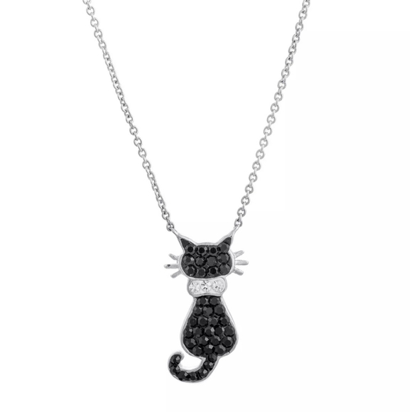 Black Spinel and White Crystal Sitting Cat Necklace in Fine Silver - Picture 2 of 3
